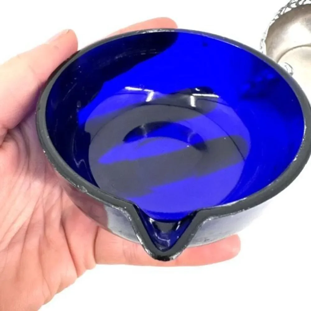 Vintage Silverplate Handle Glass Open Sugar and Creamer‎ Set Cobalt Blue Large
